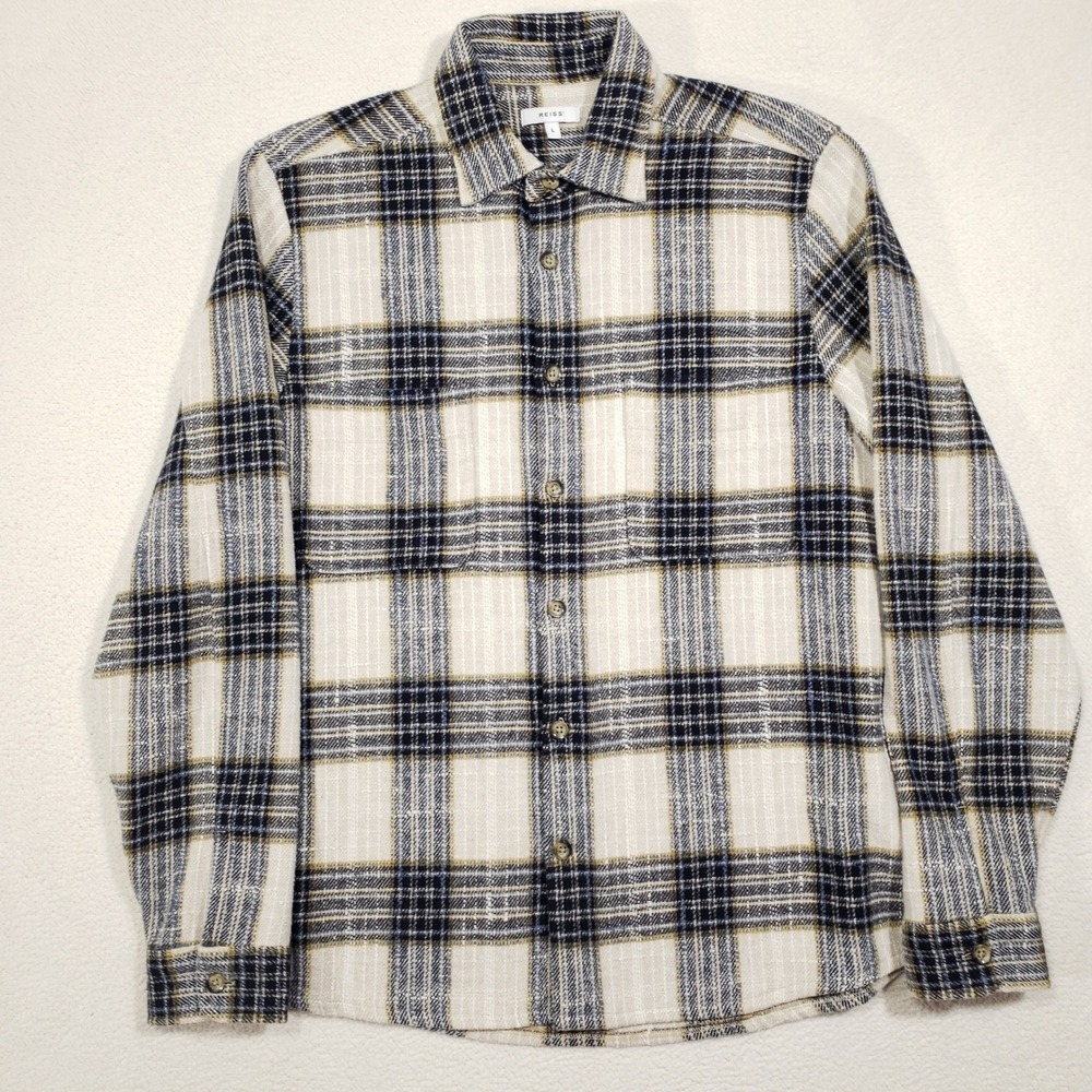 REISS Textured Flannel Shirt Mens Large Cream Navy Plaid Wool Blend Button Up